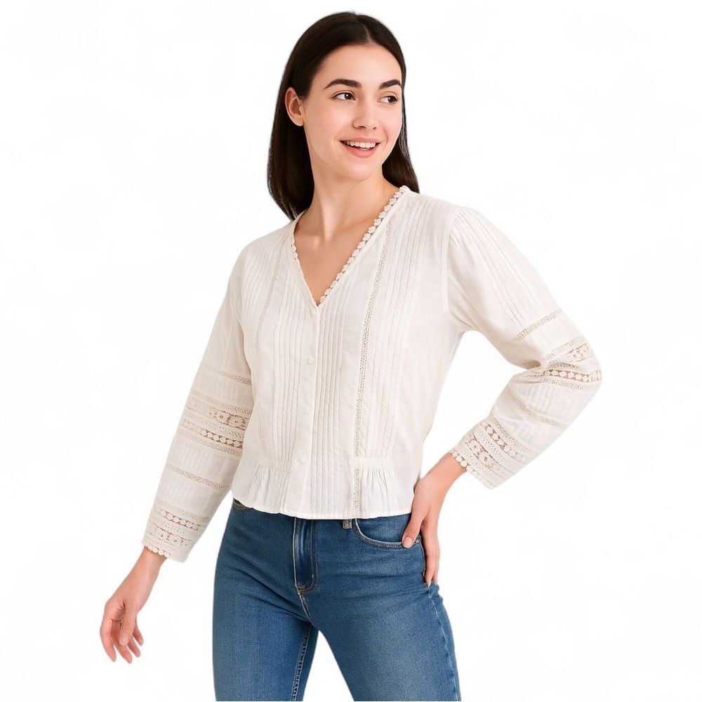 Chelsea & Violet Boho Pintuck Lace Blouse Medium Ivory Peasant Cottagecore